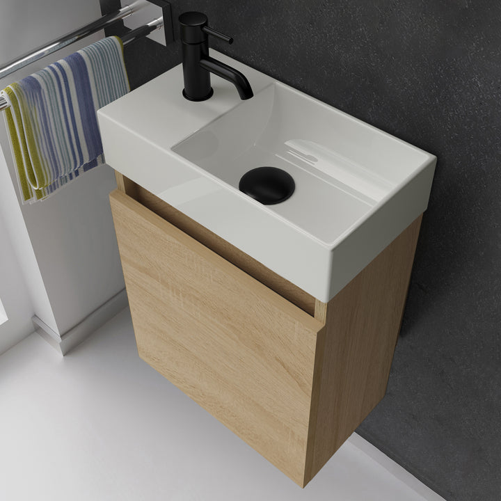 Alpenberger Waschplatz-Set 45 cm | Keramik Waschbecken Kora Rechts mit Unterschrank Lugano Rechts Eiche Hell