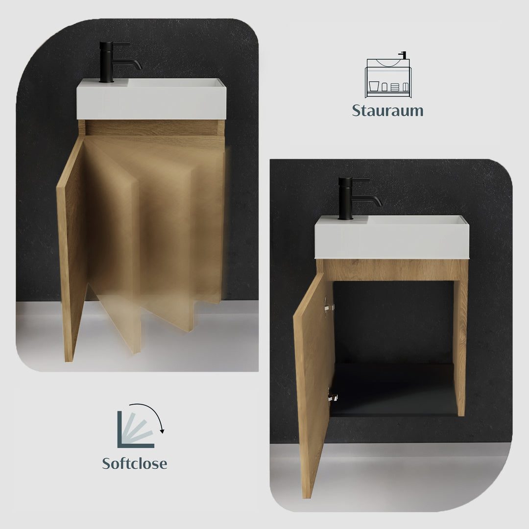 Alpenberger Waschplatz-Set 45 cm | Keramik Waschbecken Kora Rechts mit Unterschrank Lugano Rechts Eiche Hell