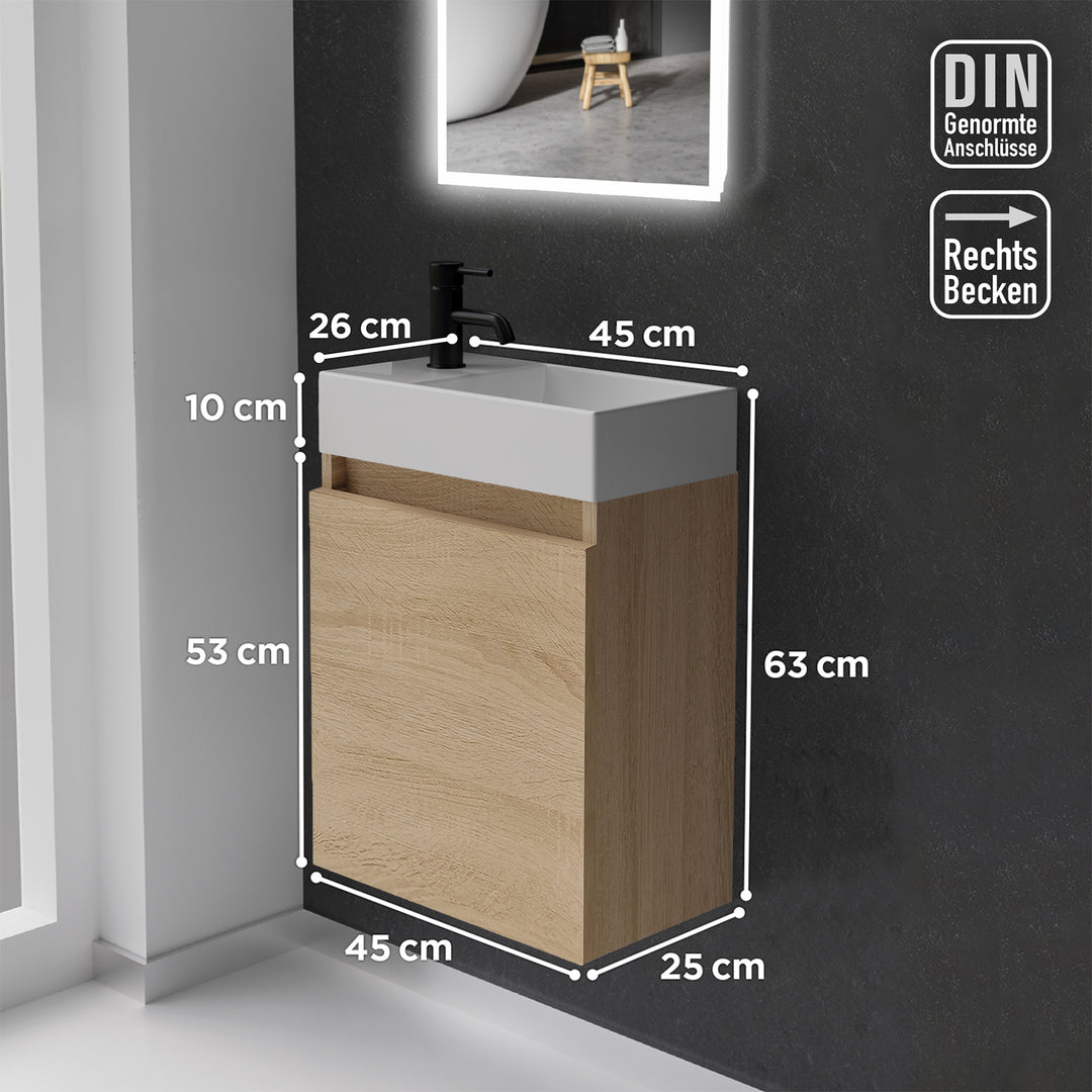 Alpenberger Waschplatz-Set 45 cm | Keramik Waschbecken Kora Rechts mit Unterschrank Lugano Rechts Eiche Hell