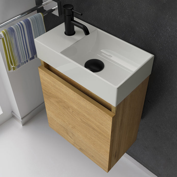 Alpenberger Waschplatz-Set 45 cm | Keramik Waschbecken Kora Rechts mit Unterschrank Lugano Rechts Eiche Natur