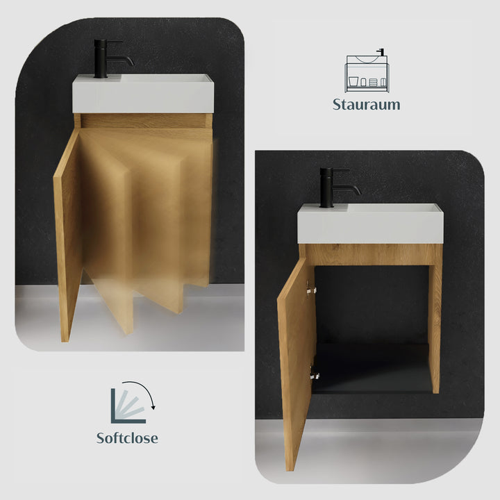 Alpenberger Waschplatz-Set 45 cm | Keramik Waschbecken Kora Rechts mit Unterschrank Lugano Rechts Eiche Natur