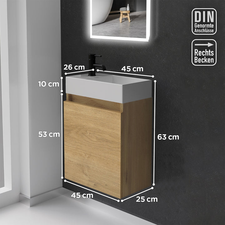 Alpenberger Waschplatz-Set 45 cm | Keramik Waschbecken Kora Rechts mit Unterschrank Lugano Rechts Eiche Natur