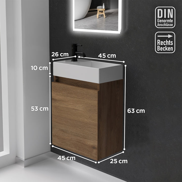 Alpenberger Waschplatz-Set 45 cm | Keramik Waschbecken Kora Rechts mit Unterschrank Lugano Rechts Eiche