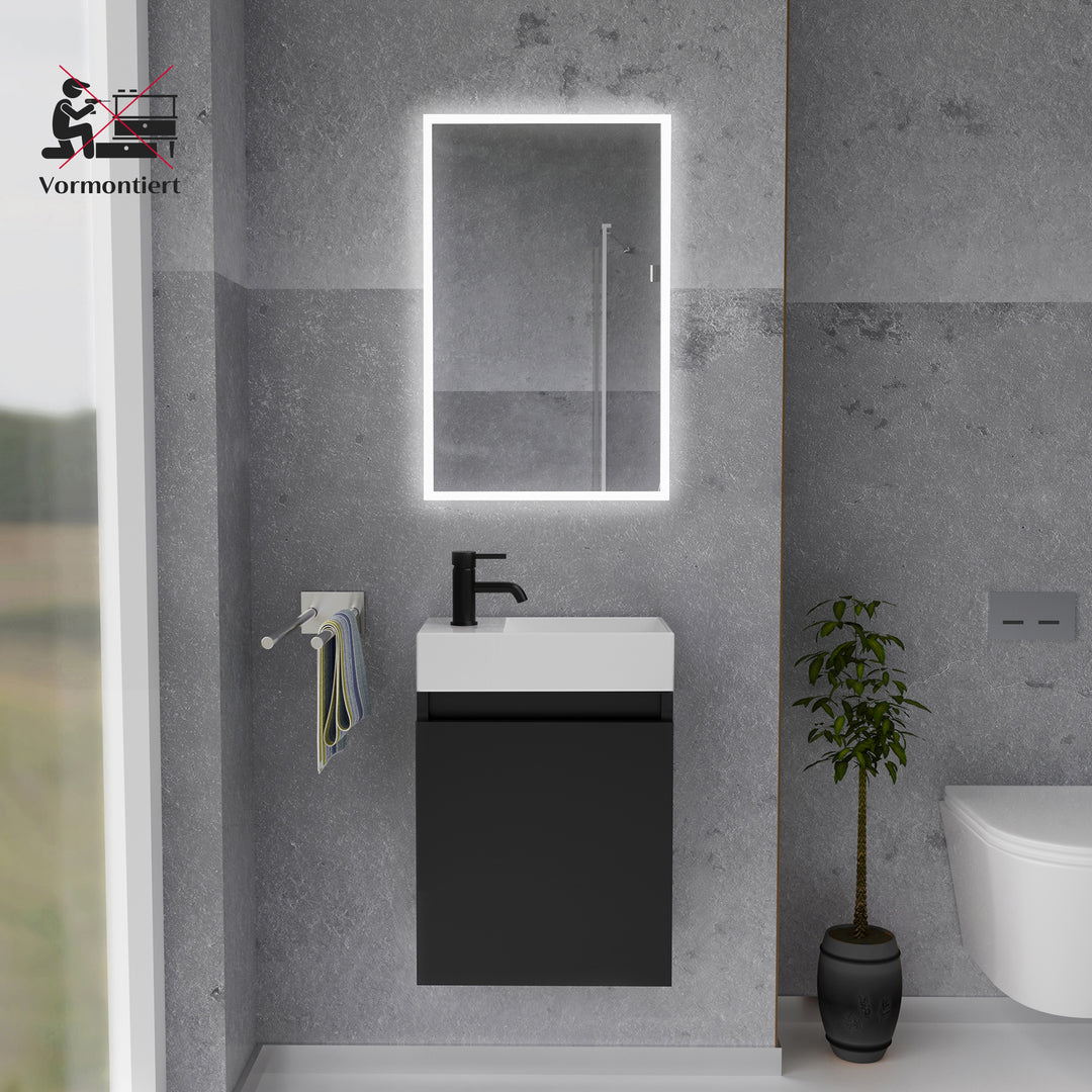 Alpenberger Waschplatz-Set 45 cm | Keramik Waschbecken Kora Rechts mit Unterschrank Lugano Rechts Schwarz Matt