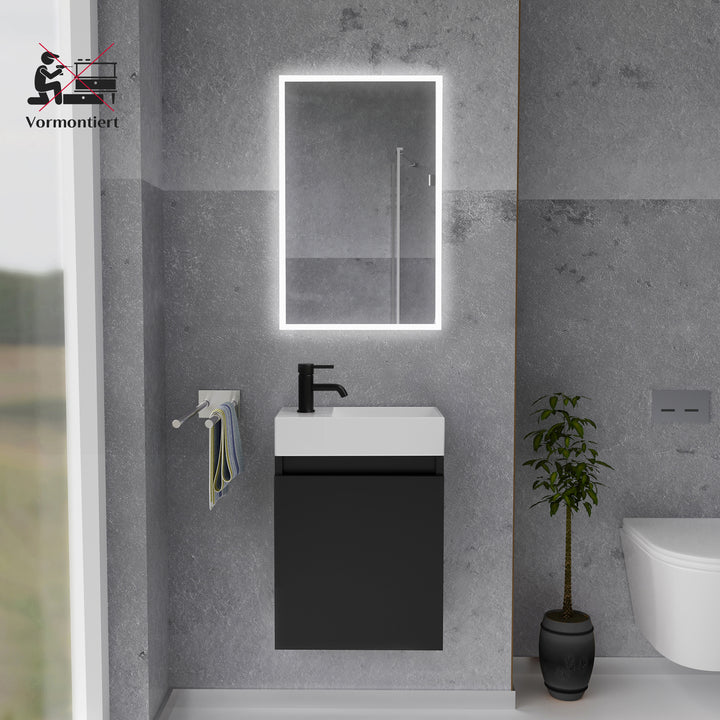 Alpenberger Waschplatz-Set 45 cm | Keramik Waschbecken Kora Rechts mit Unterschrank Lugano Rechts Schwarz Matt