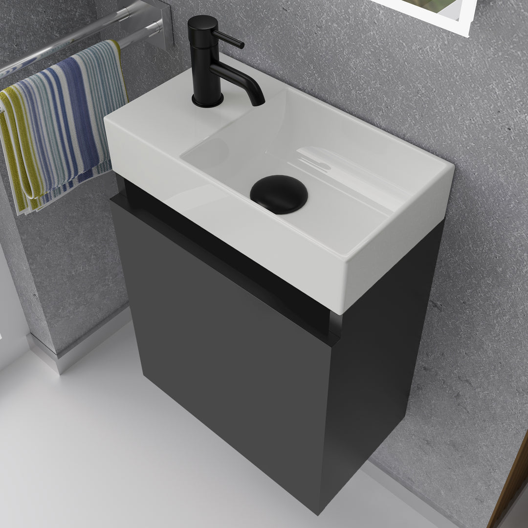 Alpenberger Waschplatz-Set 45 cm | Keramik Waschbecken Kora Rechts mit Unterschrank Lugano Rechts Schwarz Matt