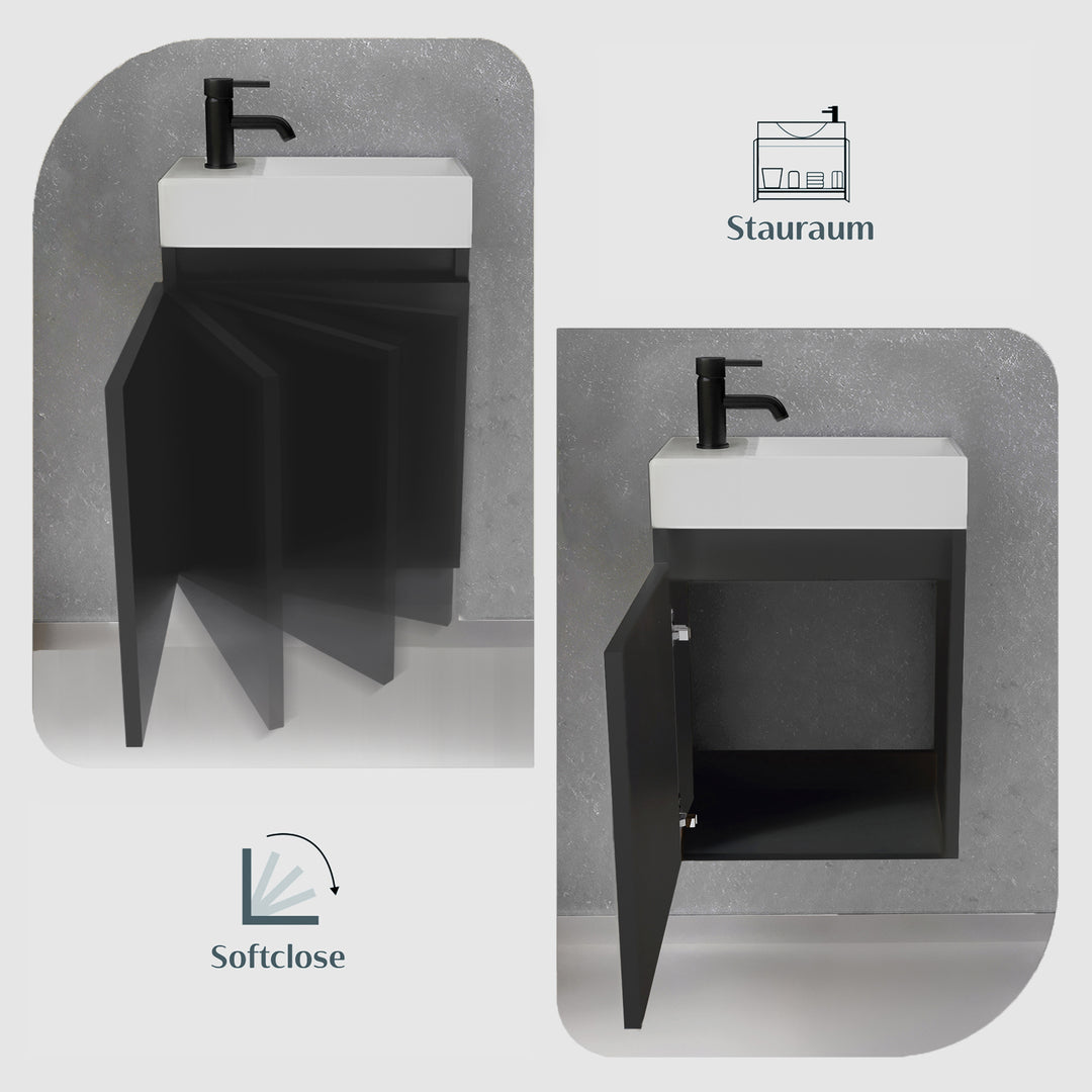 Alpenberger Waschplatz-Set 45 cm | Keramik Waschbecken Kora Rechts mit Unterschrank Lugano Rechts Schwarz Matt