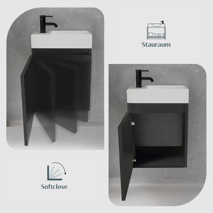 Alpenberger Waschplatz-Set 45 cm | Keramik Waschbecken Kora Rechts mit Unterschrank Lugano Rechts Schwarz Matt