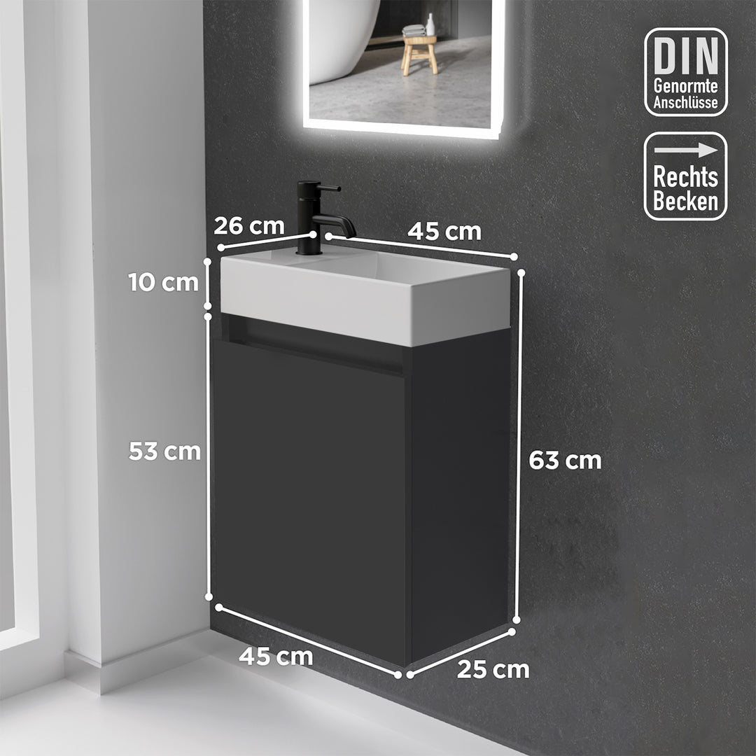 Alpenberger Waschplatz-Set 45 cm | Keramik Waschbecken Kora Rechts mit Unterschrank Lugano Rechts Schwarz Matt