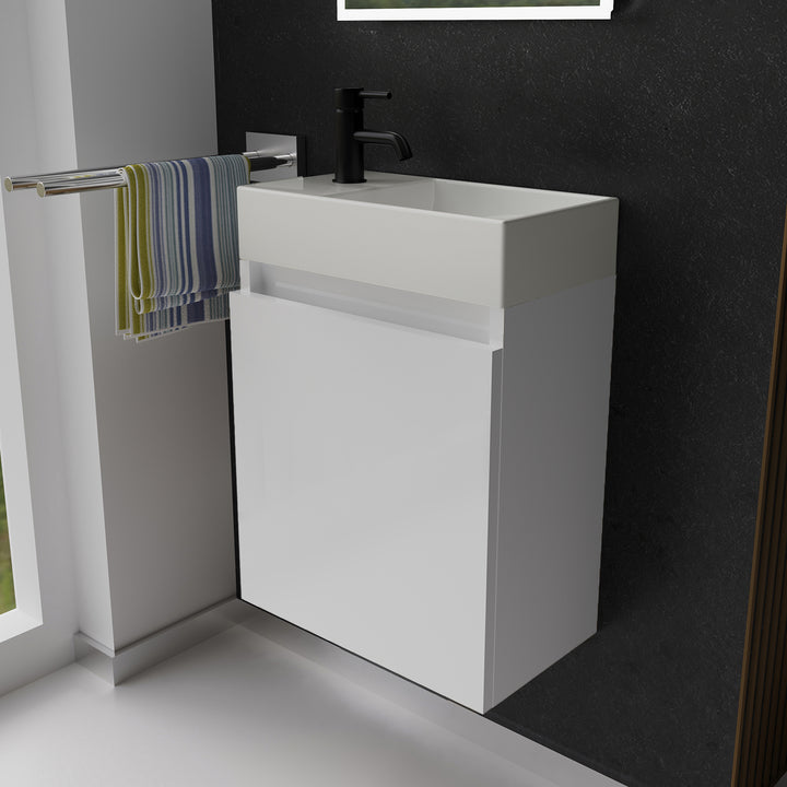 Alpenberger Waschplatz-Set 45 cm | Keramik Waschbecken Kora Rechts mit Unterschrank Lugano Rechts Weiss