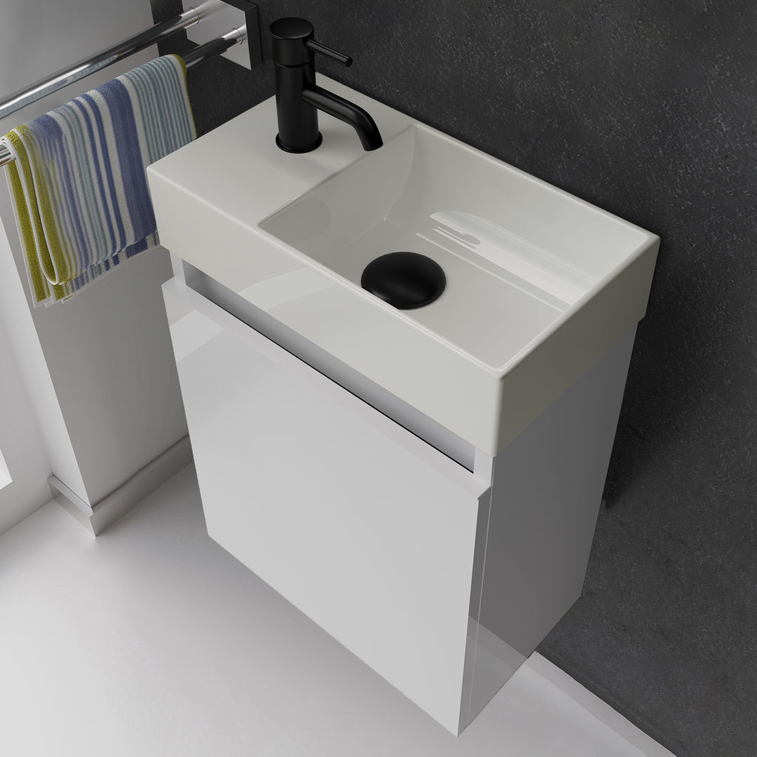 Alpenberger Waschplatz-Set 45 cm | Keramik Waschbecken Kora Rechts mit Unterschrank Lugano Rechts Weiss