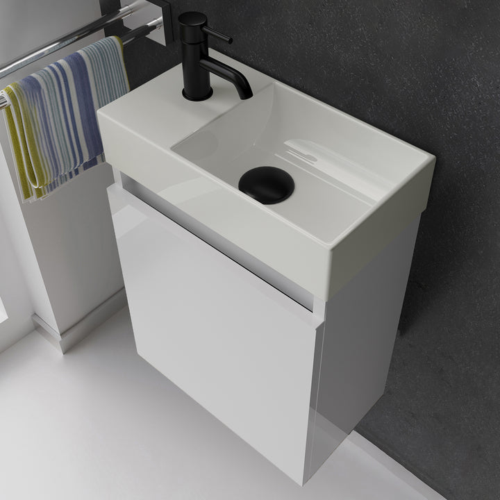 Alpenberger Waschplatz-Set 45 cm | Keramik Waschbecken Kora Rechts mit Unterschrank Lugano Rechts Weiss