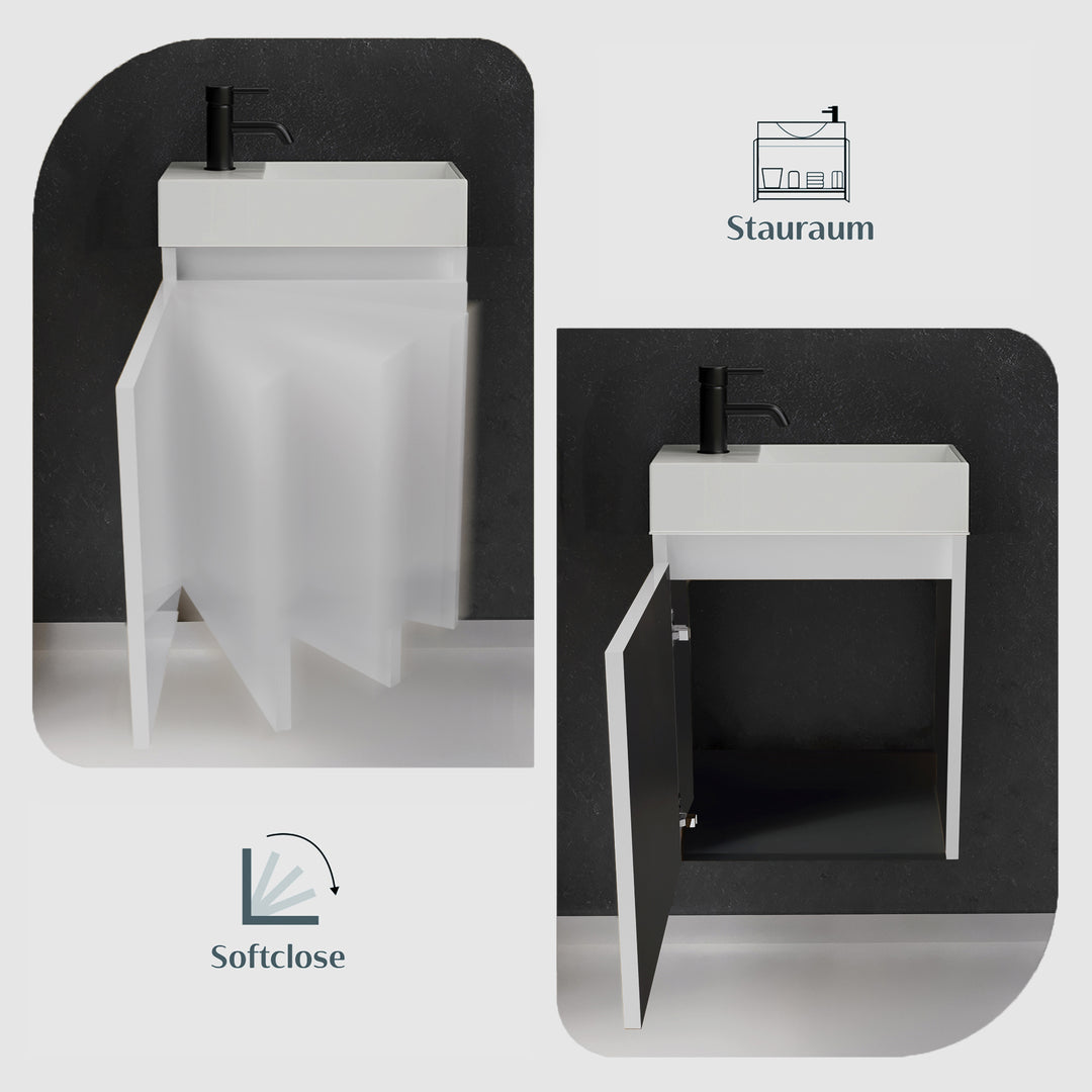 Alpenberger Waschplatz-Set 45 cm | Keramik Waschbecken Kora Rechts mit Unterschrank Lugano Rechts Weiss