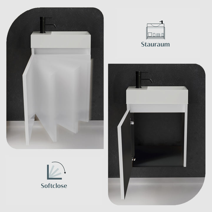 Alpenberger Waschplatz-Set 45 cm | Keramik Waschbecken Kora Rechts mit Unterschrank Lugano Rechts Weiss