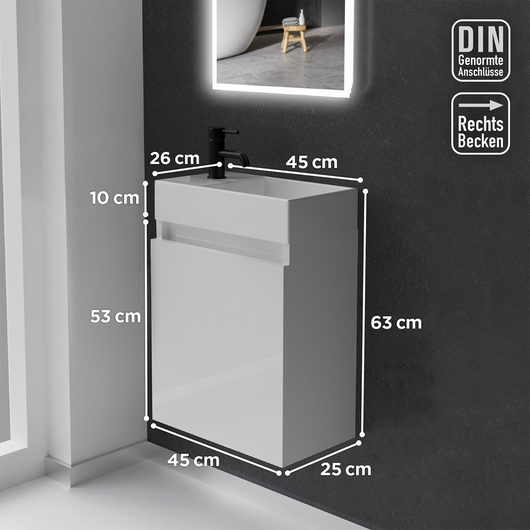 Alpenberger Waschplatz-Set 45 cm | Keramik Waschbecken Kora Rechts mit Unterschrank Lugano Rechts Weiss
