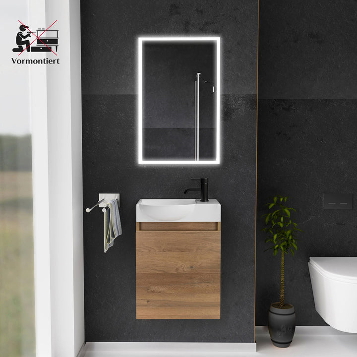 Alpenberger Keramik Waschbecken 45 cm mit Unterschrank | Badmöbel Set für Gäste WC | Links Bamboo