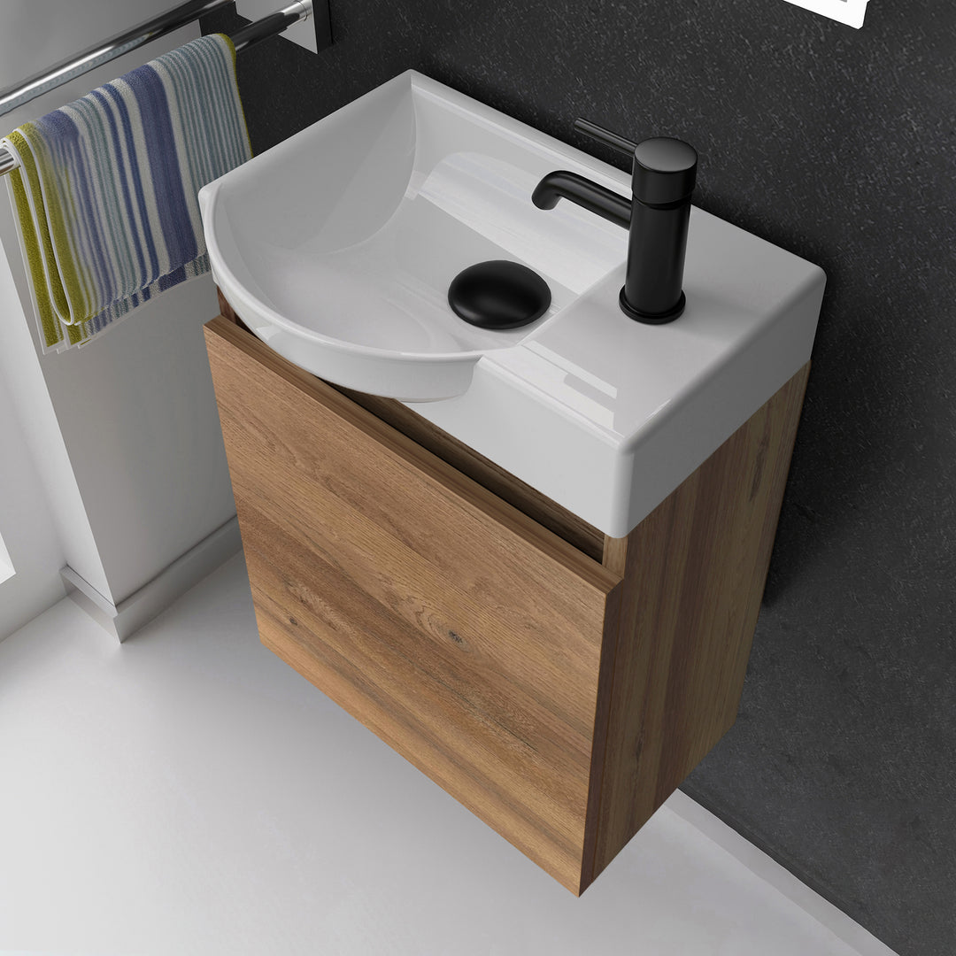 Alpenberger Keramik Waschbecken 45 cm mit Unterschrank | Badmöbel Set für Gäste WC | Links Bamboo