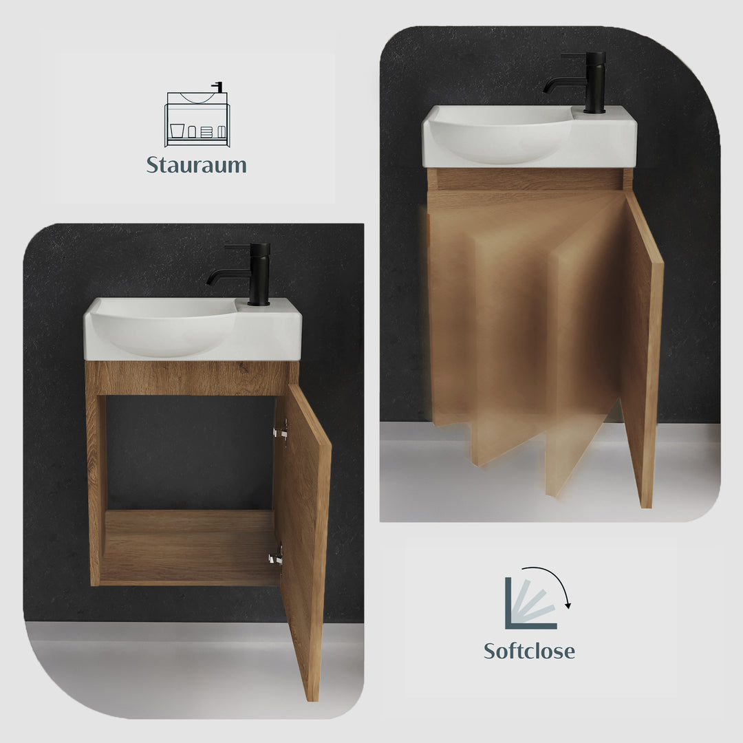 Alpenberger Keramik Waschbecken 45 cm mit Unterschrank | Badmöbel Set für Gäste WC | Links Bamboo