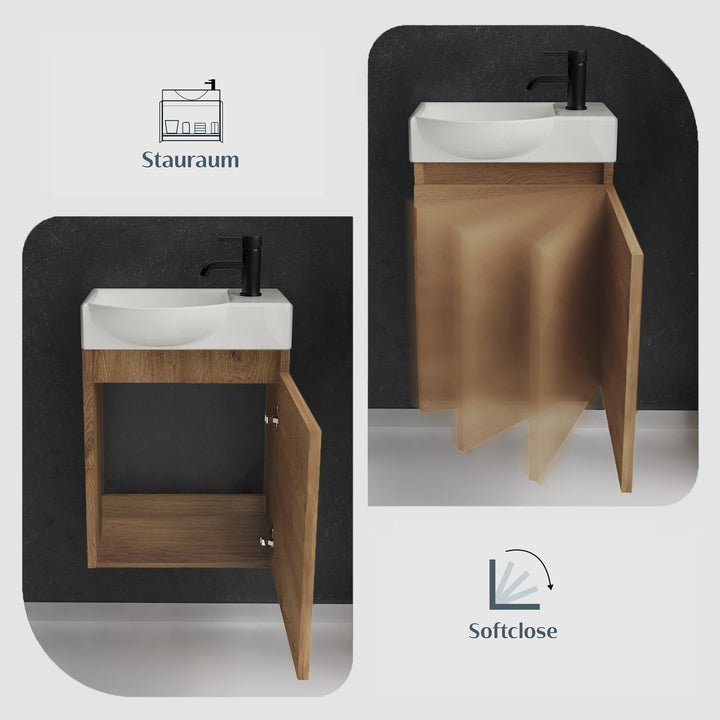 Alpenberger Keramik Waschbecken 45 cm mit Unterschrank | Badmöbel Set für Gäste WC | Links Bamboo