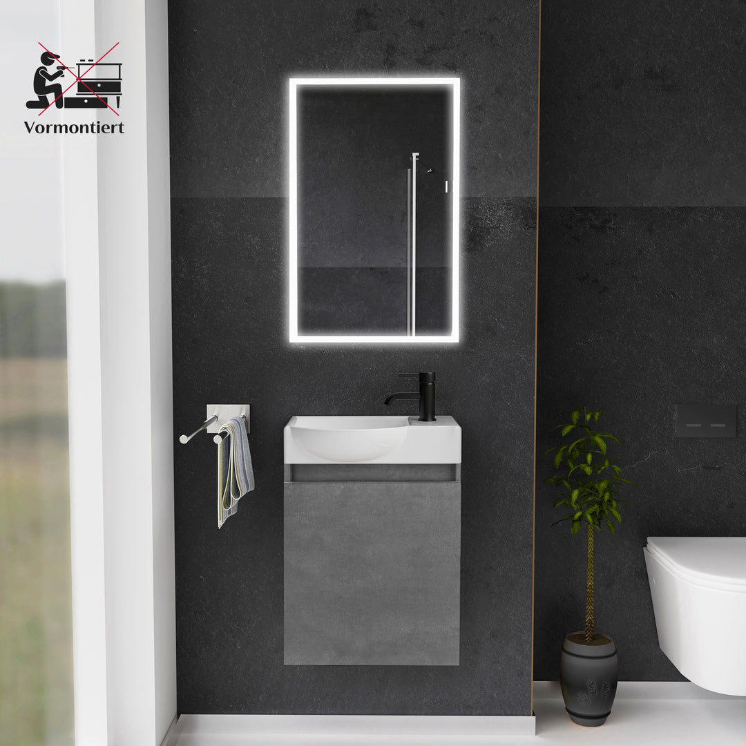 Alpenberger Keramik Waschbecken 45 cm mit Unterschrank | Badmöbel Set für Gäste WC | Links Cement
