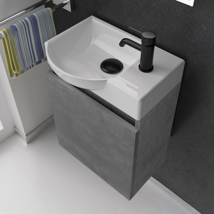 Alpenberger Keramik Waschbecken 45 cm mit Unterschrank | Badmöbel Set für Gäste WC | Links Cement
