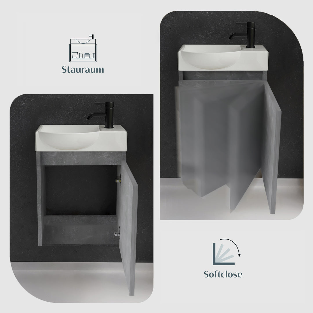 Alpenberger Keramik Waschbecken 45 cm mit Unterschrank | Badmöbel Set für Gäste WC | Links Cement