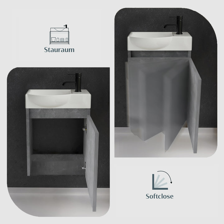 Alpenberger Keramik Waschbecken 45 cm mit Unterschrank | Badmöbel Set für Gäste WC | Links Cement