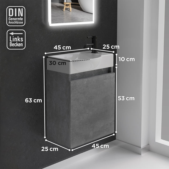 Alpenberger Keramik Waschbecken 45 cm mit Unterschrank | Badmöbel Set für Gäste WC | Links Cement