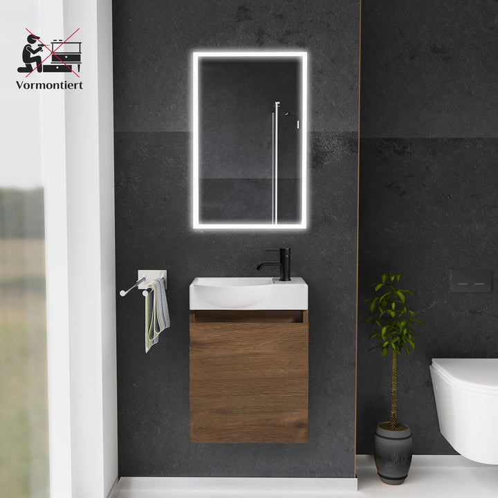Alpenberger Keramik Waschbecken 45 cm mit Unterschrank | Badmöbel Set für Gäste WC | Links Eiche