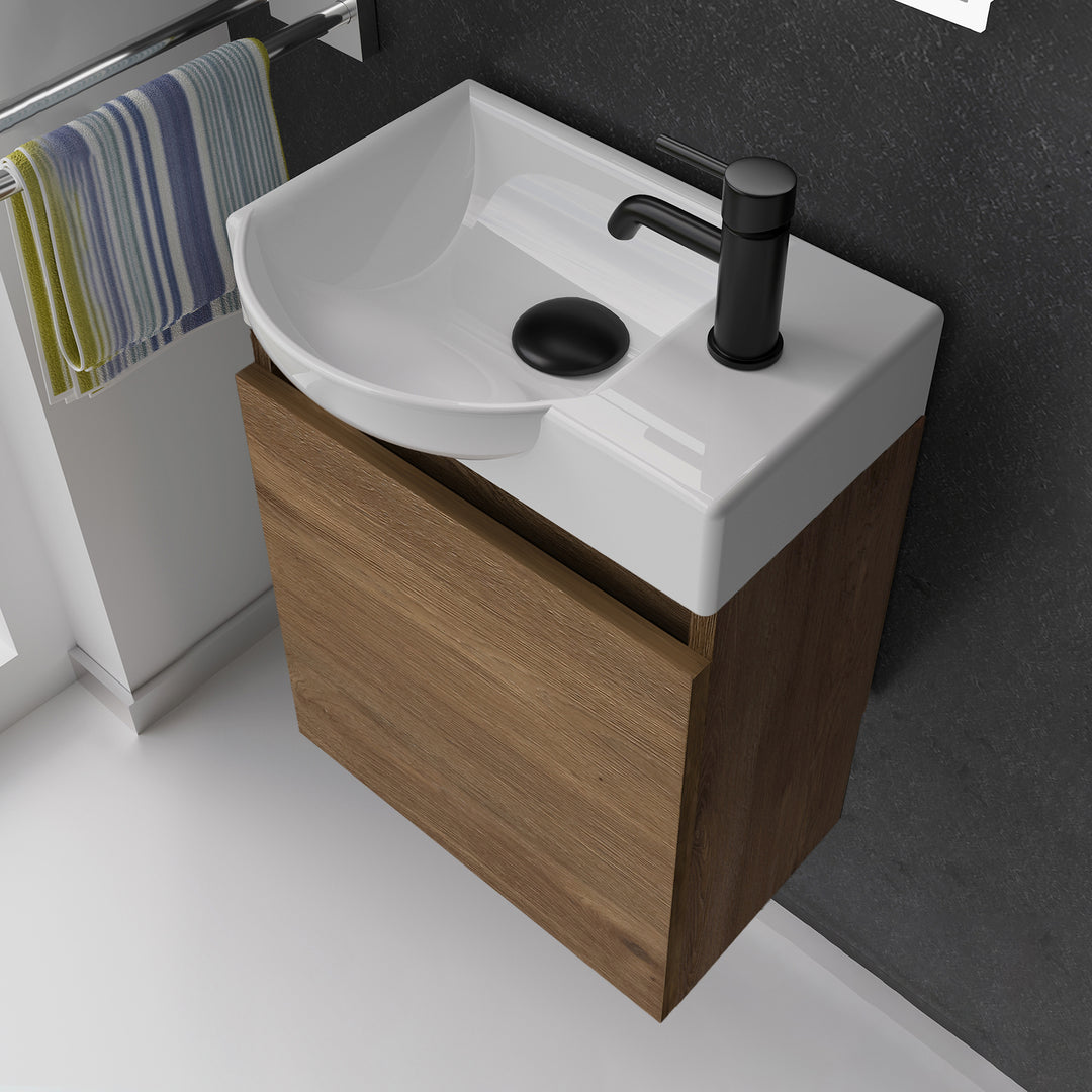 Alpenberger Keramik Waschbecken 45 cm mit Unterschrank | Badmöbel Set für Gäste WC | Links Eiche