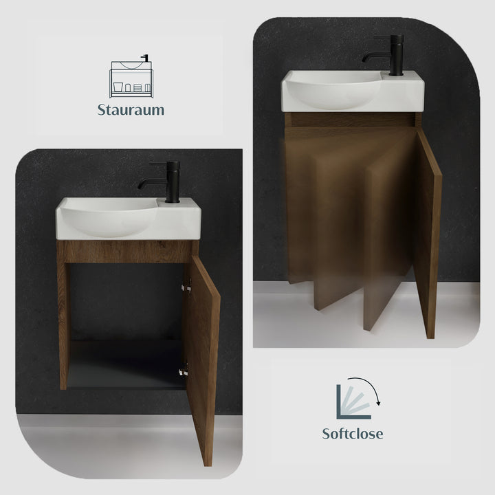 Alpenberger Keramik Waschbecken 45 cm mit Unterschrank | Badmöbel Set für Gäste WC | Links Eiche