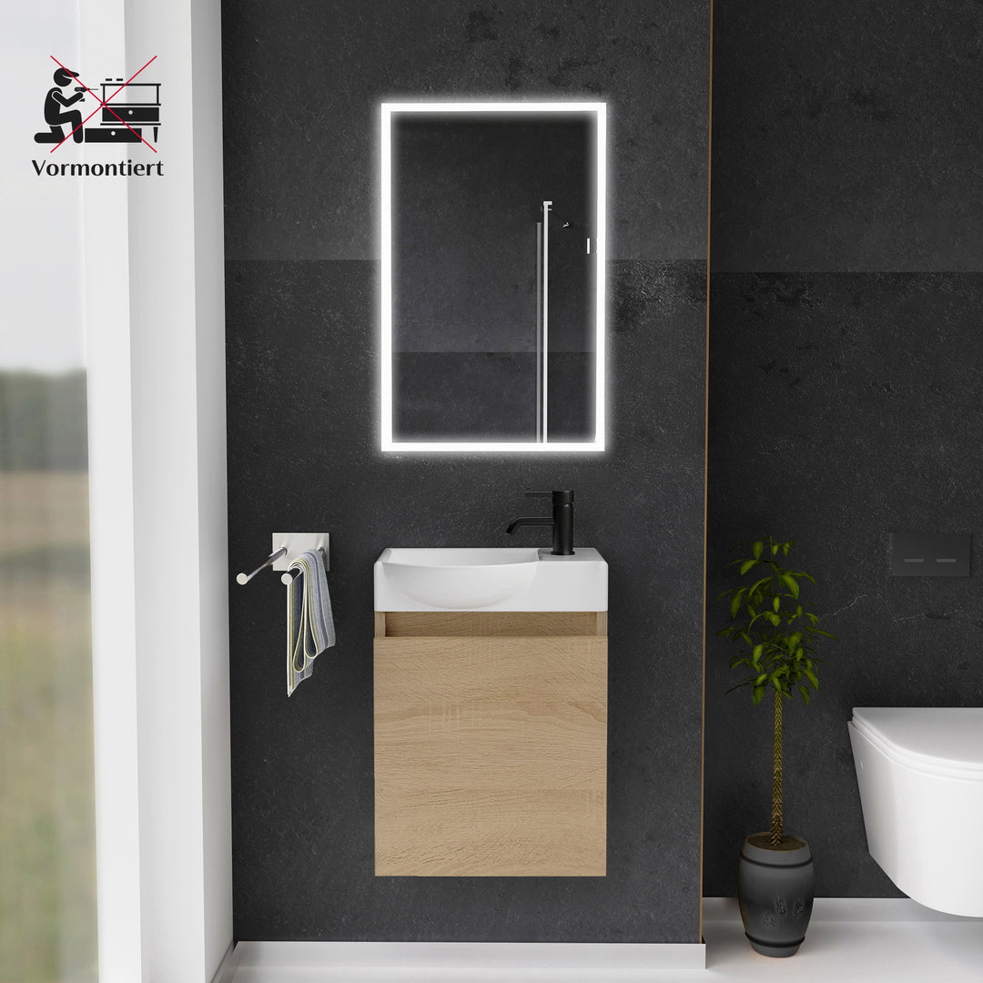 Alpenberger Keramik Waschbecken 45 cm mit Unterschrank | Badmöbel Set für Gäste WC | Links Eiche Hell