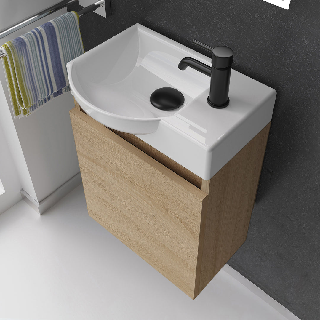 Alpenberger Keramik Waschbecken 45 cm mit Unterschrank | Badmöbel Set für Gäste WC | Links Eiche Hell