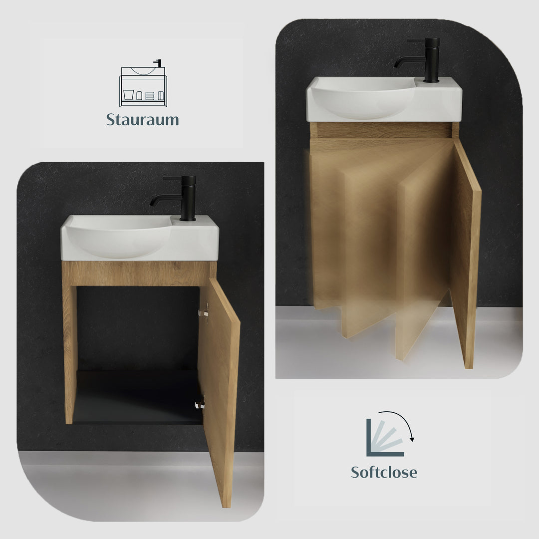 Alpenberger Keramik Waschbecken 45 cm mit Unterschrank | Badmöbel Set für Gäste WC | Links Eiche Hell