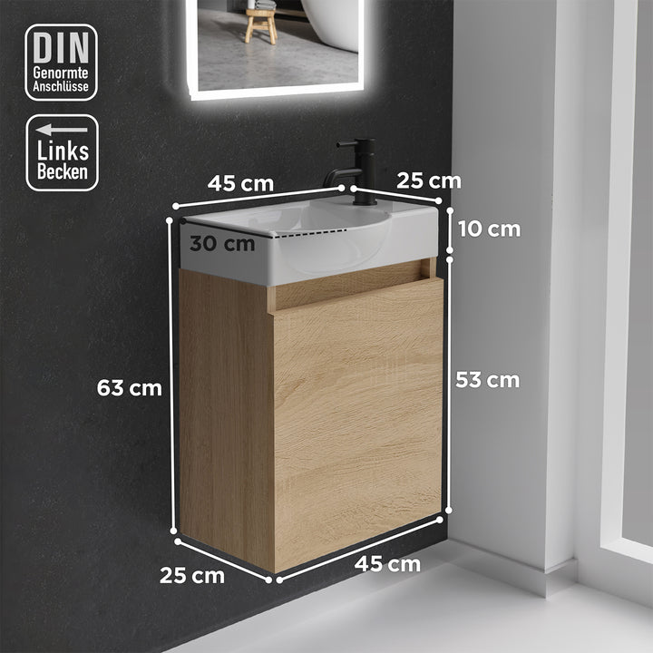 Alpenberger Keramik Waschbecken 45 cm mit Unterschrank | Badmöbel Set für Gäste WC | Links Eiche Hell