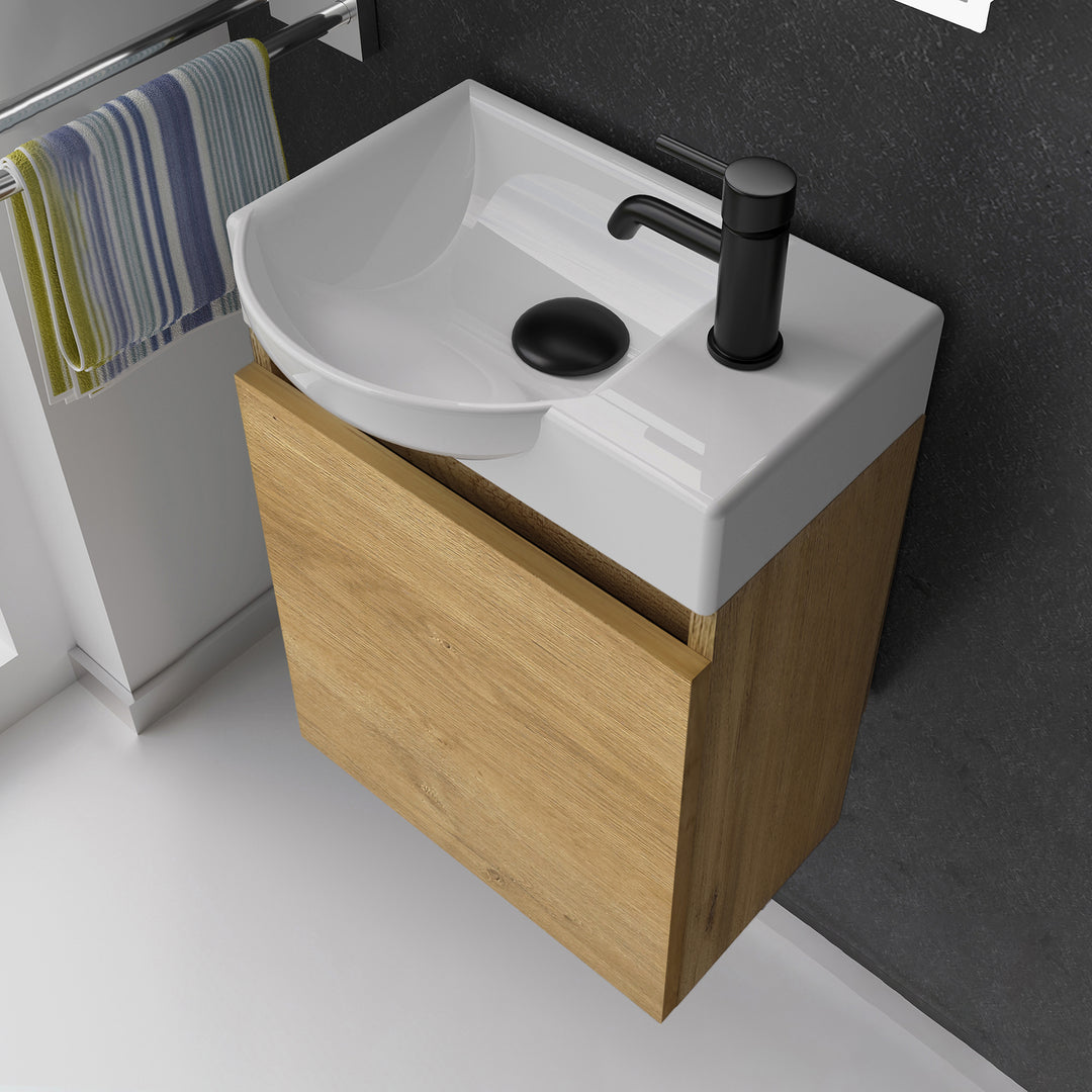 Alpenberger Keramik Waschbecken 45 cm mit Unterschrank | Badmöbel Set für Gäste WC | Links Eiche Natur
