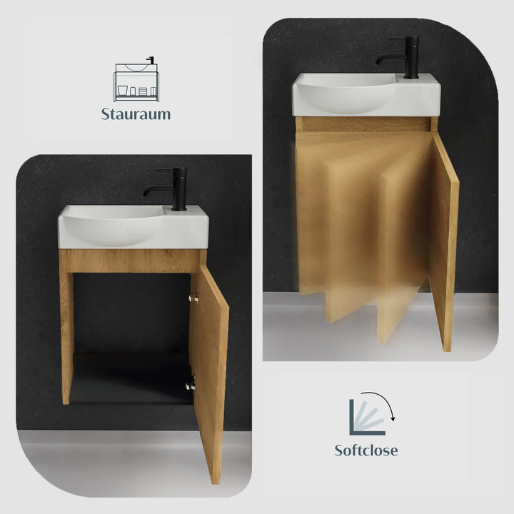 Alpenberger Keramik Waschbecken 45 cm mit Unterschrank | Badmöbel Set für Gäste WC | Links Eiche Natur