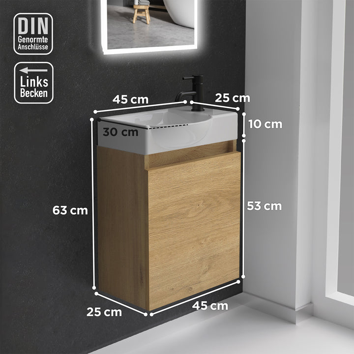 Alpenberger Keramik Waschbecken 45 cm mit Unterschrank | Badmöbel Set für Gäste WC | Links Eiche Natur