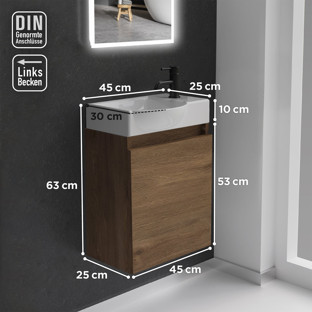 Alpenberger Keramik Waschbecken 45 cm mit Unterschrank | Badmöbel Set für Gäste WC | Links Eiche