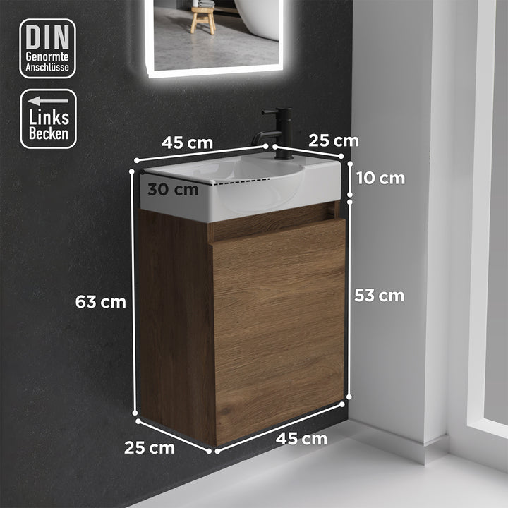 Alpenberger Keramik Waschbecken 45 cm mit Unterschrank | Badmöbel Set für Gäste WC | Links Eiche