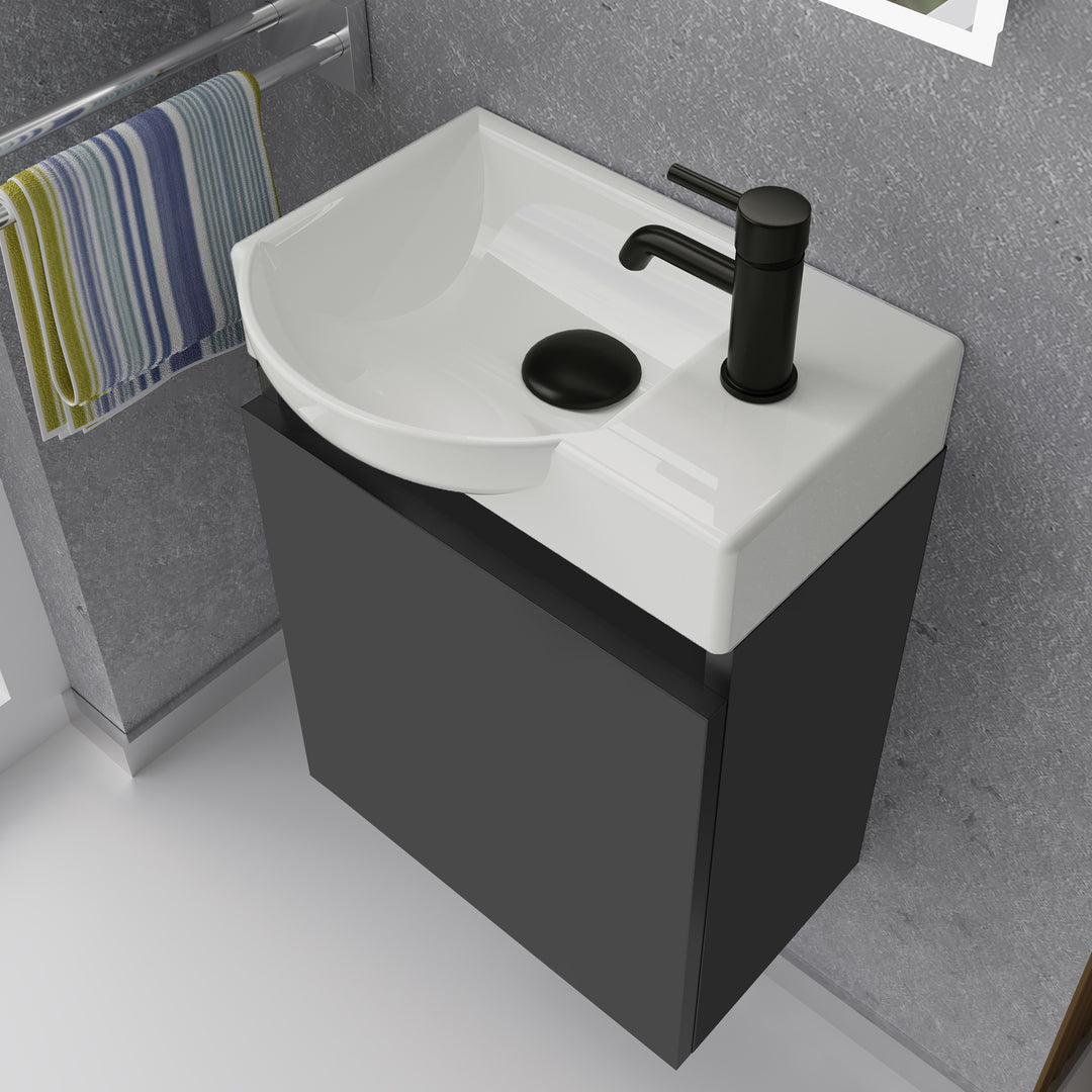 Alpenberger Keramik Waschbecken 45 cm mit Unterschrank | Badmöbel Set für Gäste WC | Links Schwarz Matt