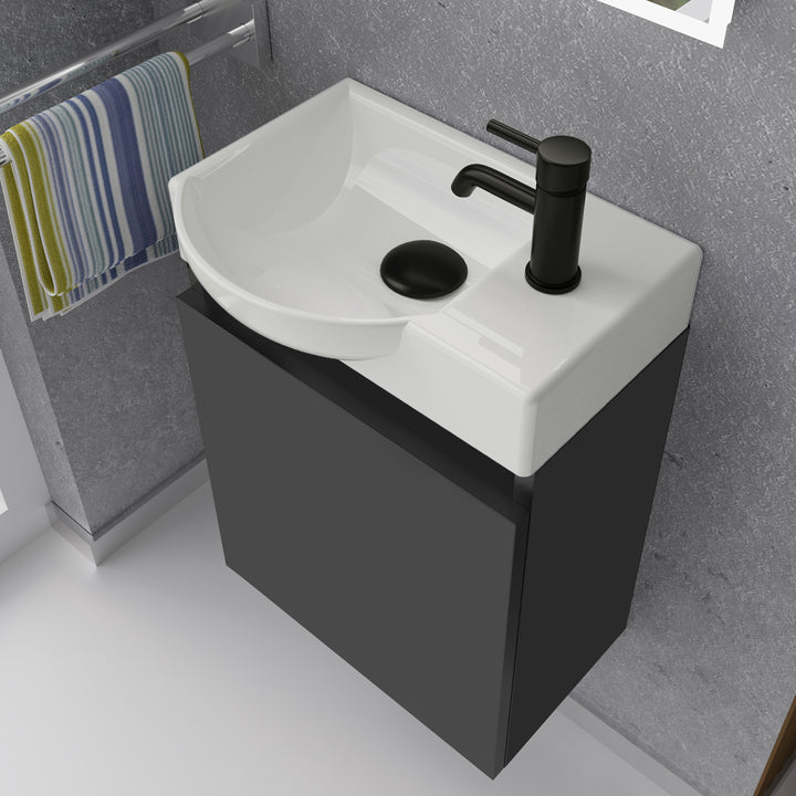 Alpenberger Keramik Waschbecken 45 cm mit Unterschrank | Badmöbel Set für Gäste WC | Links Schwarz Matt