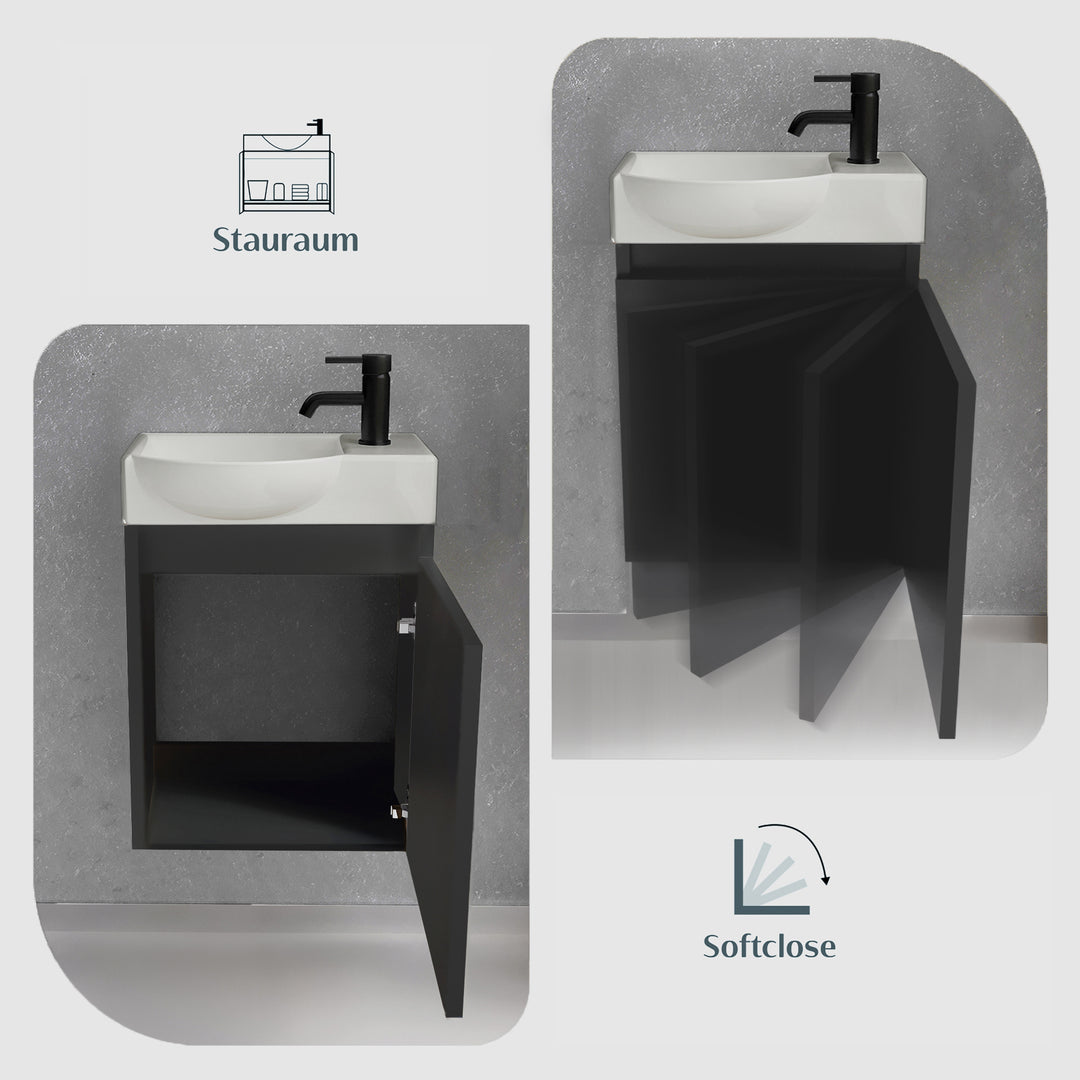 Alpenberger Keramik Waschbecken 45 cm mit Unterschrank | Badmöbel Set für Gäste WC | Links Schwarz Matt