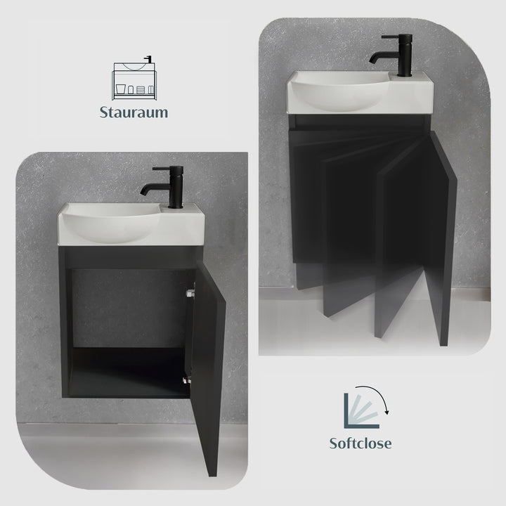 Alpenberger Keramik Waschbecken 45 cm mit Unterschrank | Badmöbel Set für Gäste WC | Links Schwarz Matt