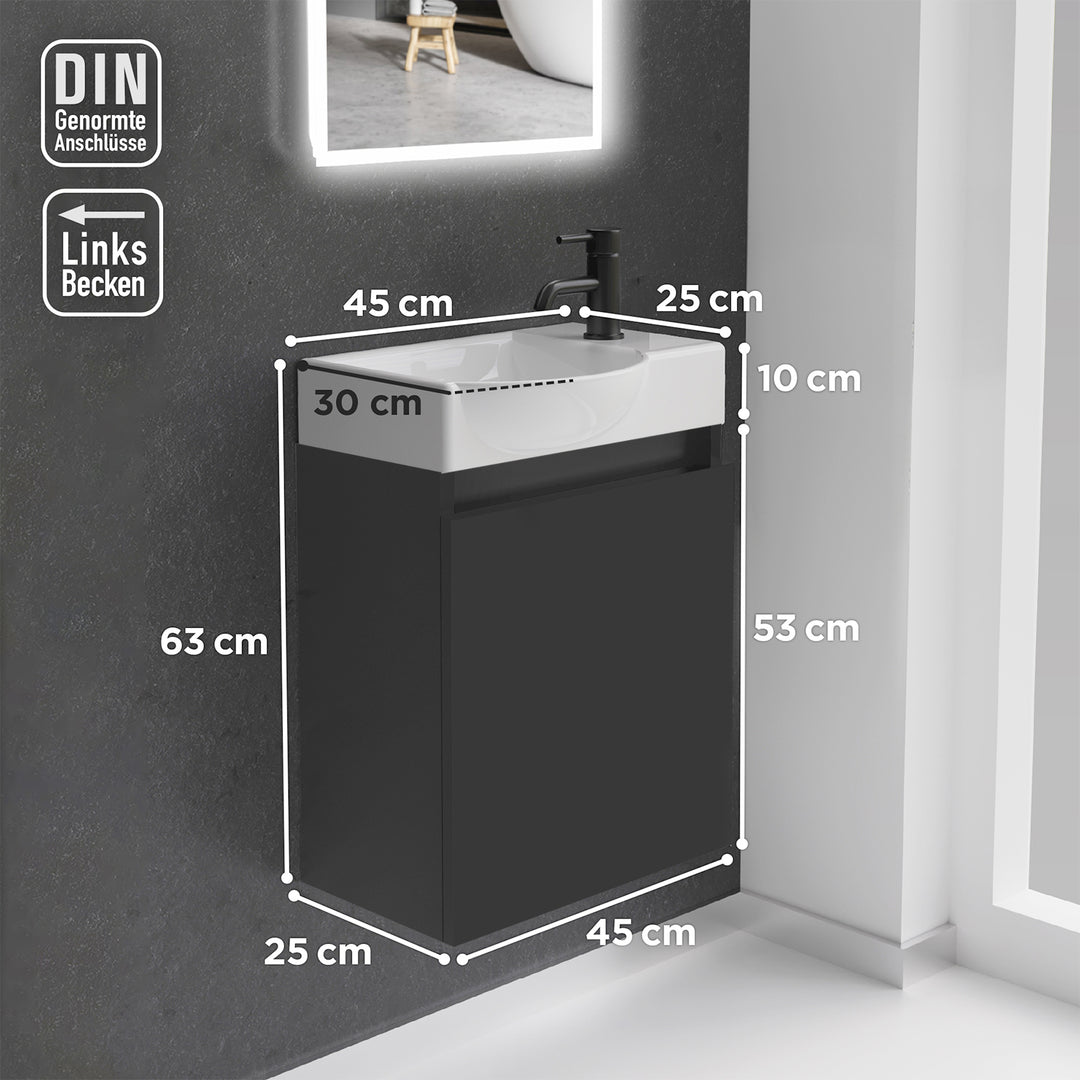 Alpenberger Keramik Waschbecken 45 cm mit Unterschrank | Badmöbel Set für Gäste WC | Links Schwarz Matt