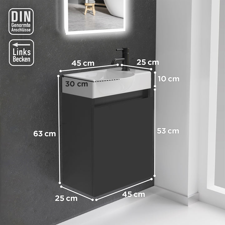 Alpenberger Keramik Waschbecken 45 cm mit Unterschrank | Badmöbel Set für Gäste WC | Links Schwarz Matt