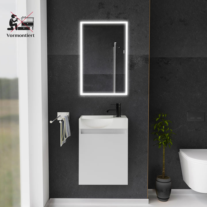 Alpenberger Keramik Waschbecken 45 cm mit Unterschrank | Badmöbel Set für Gäste WC | Links Weiss