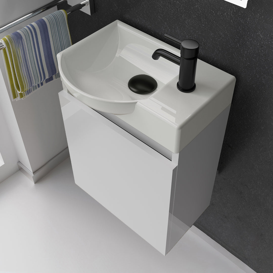 Alpenberger Keramik Waschbecken 45 cm mit Unterschrank | Badmöbel Set für Gäste WC | Links Weiss