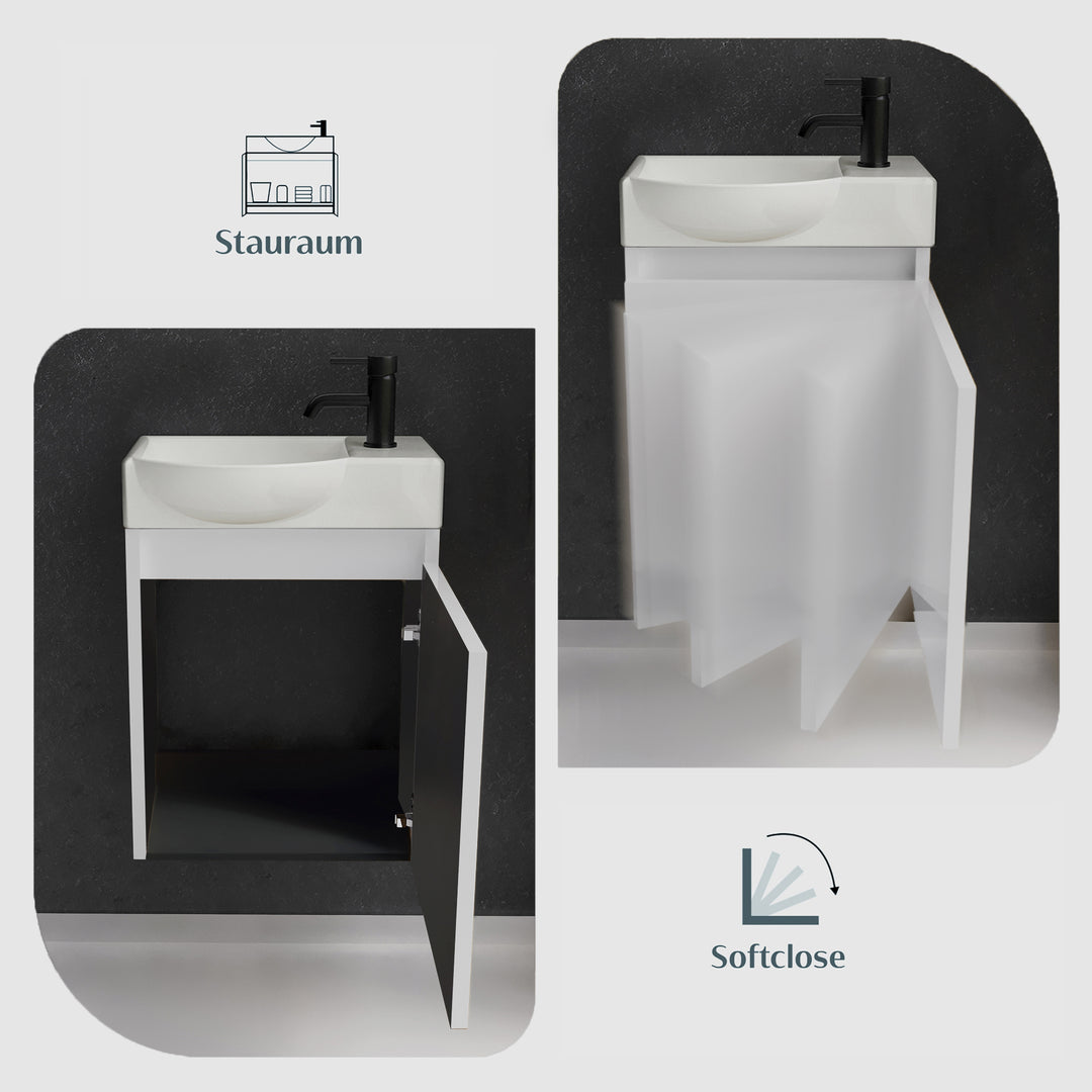 Alpenberger Keramik Waschbecken 45 cm mit Unterschrank | Badmöbel Set für Gäste WC | Links Weiss