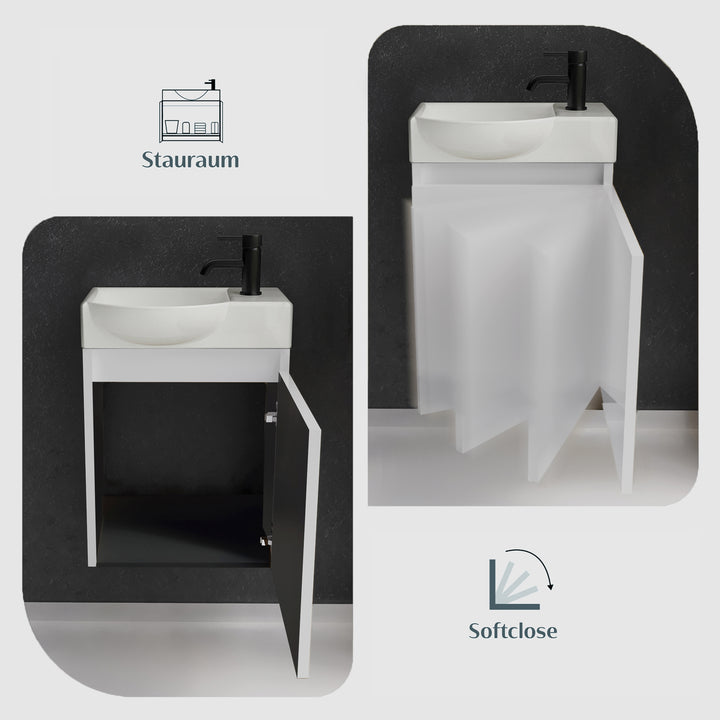 Alpenberger Keramik Waschbecken 45 cm mit Unterschrank | Badmöbel Set für Gäste WC | Links Weiss